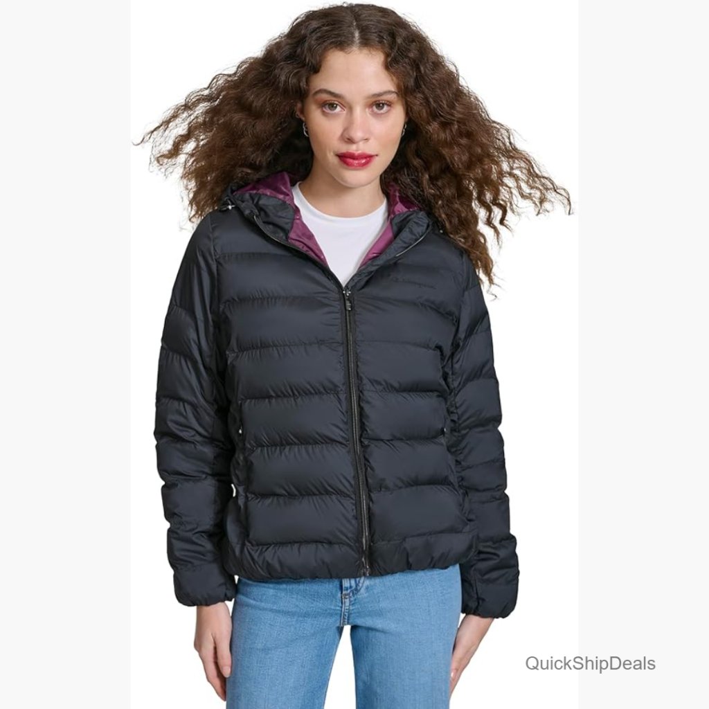 Quilted Packable Puffer Jacket With Hood, Polyester, Water Resistant